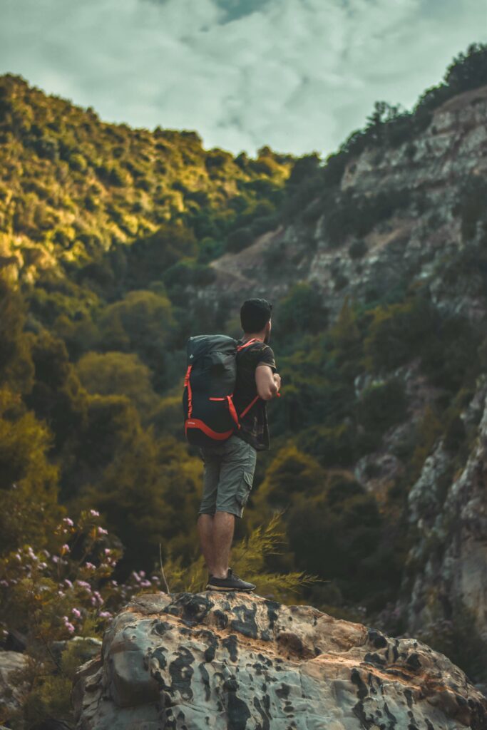 A man with a backpack stands on a rock, admiring the lush mountain landscape in Algeria.